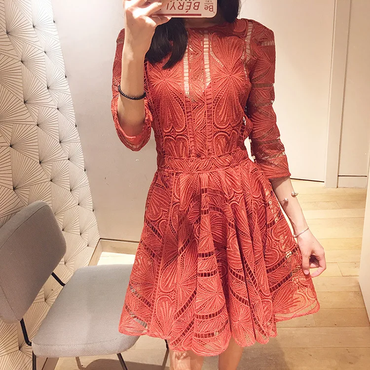 Caramel Colour Женское платье, весна и лето, Новое Кружевное вязаное крючком платье с цветочным рисунком на спине, открытое женское платье - Цвет: Caramel Colour