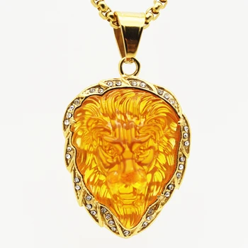 

hot sale micro-set Resin lion head hip-hop stainless steel pendant necklace men's luxury gold chain punk animal pendant jewelry
