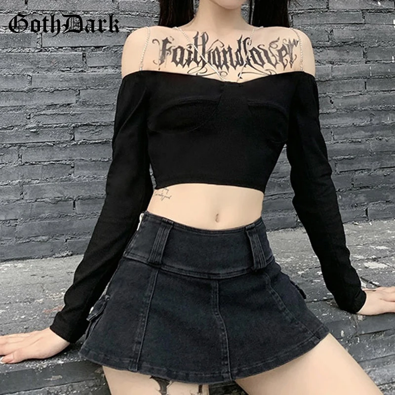 Женская футболка с открытыми плечами Goth Dark черный облегающий Топ длинным рукавом