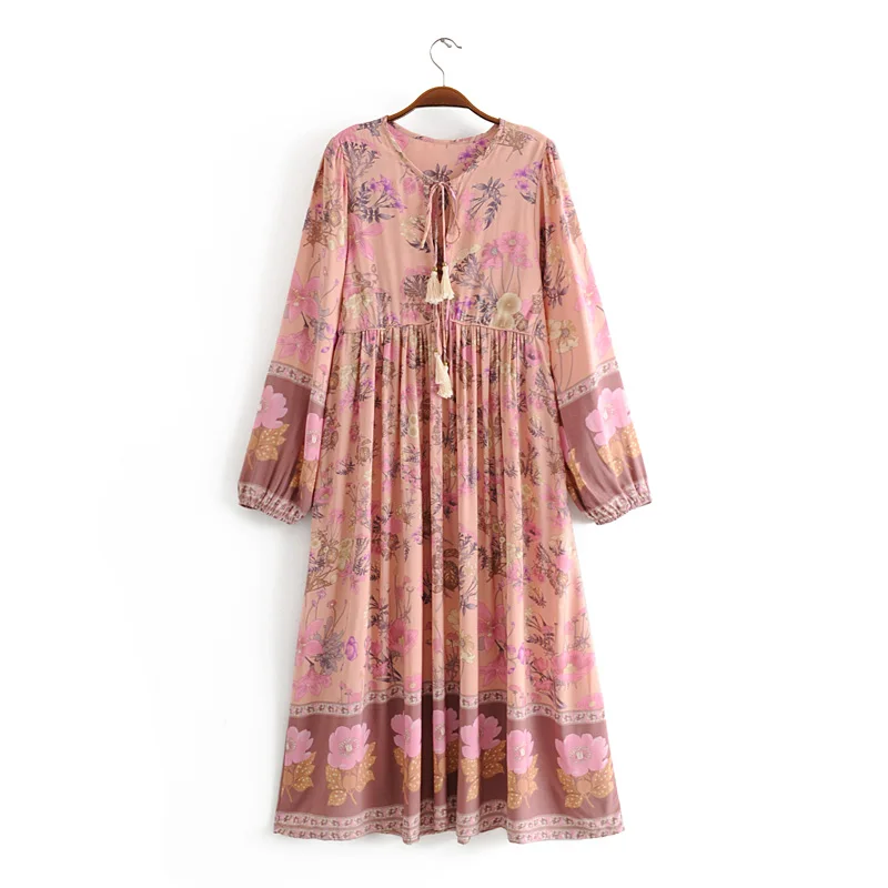 Everkaki Boho Цветочный принт женские макси платья свободные кисточки шеи завязываются с длинным рукавом в богемном стиле длинное платье женское осень новое