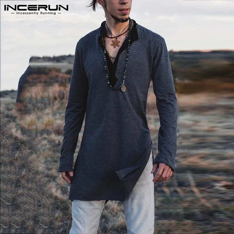 

Men Long T Shirt V Neck Patchwork Long Sleeve Muslim Clothing Vintage Retro Pullovers Casual T-shirt Men 2019 Streetwear INCERUN