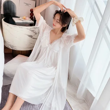 

Summer Lace Mesh Style Thin Sexy Casual Home Wear Sleepcoat Cotton V-neck Short-sleeved Long Solid Color Nightty With Chest Pad