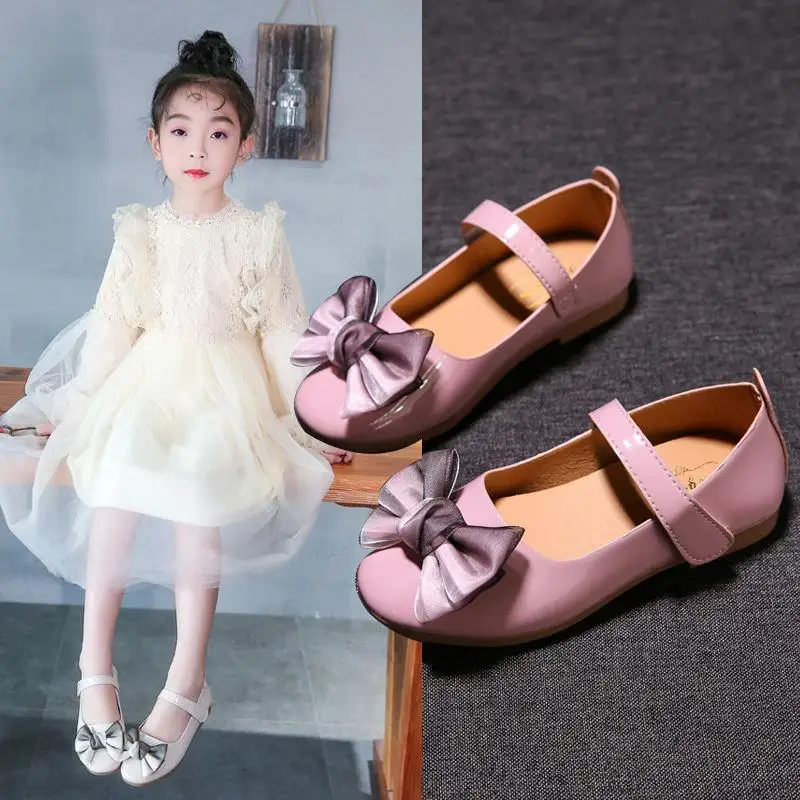 

Middle Small Children's Princess Shoes Girls Spring Summer New Bow Wild Shoes Kids Banquet Wedding Flat Sole Single Shoes