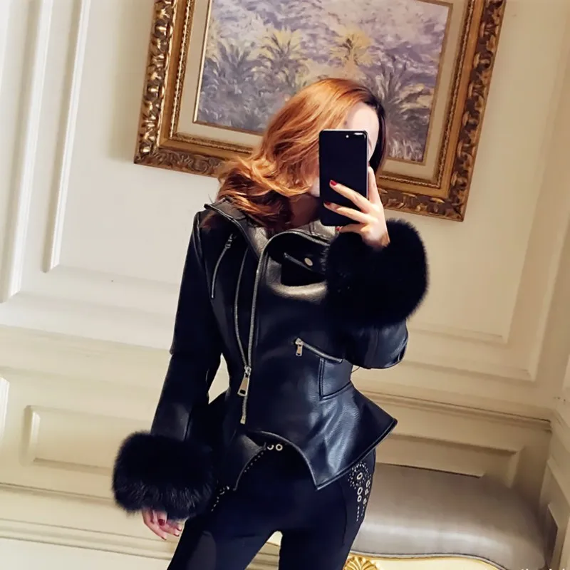 

Winter Thick Fleece Linning Womens Faux Leather Jackets Asymmetrecal Stand Collar Fake Fox Cuff Sashes Slim Female Short Coats