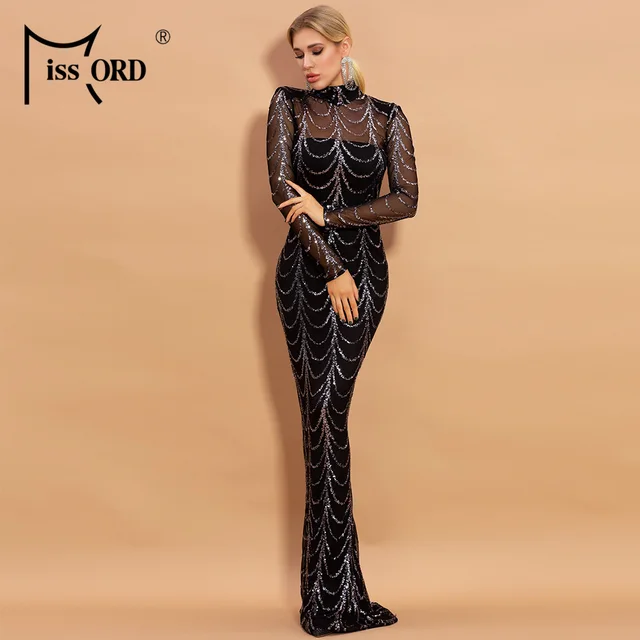 Missord Sequins See Though Women Maxi Long Evening Dresses 2021 Autumn Winter High Neck Wave Elegant Long Sleeve Party Dress 4