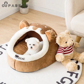 

Cat Pet Cave Bed Winter Warm Heated Cat Bed Washable Enclosed Bear Cat House Hot Sales 2020 New Pet House