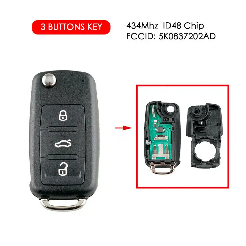 434Mhz Remote Car Key For VW Golf Passat Tiguan Polo Jetta Beetle 5K0837202AD