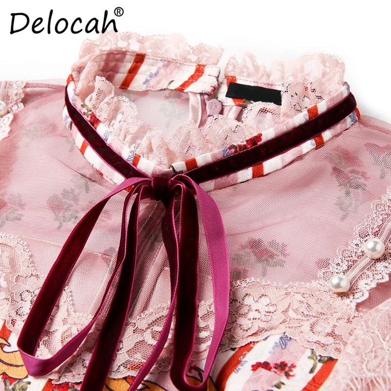 Delocah, модное осеннее Мини Короткое платье для подиума, женское платье с расклешенными рукавами, с принтом персонажа, кружевное Сетчатое элегантное винтажное свободное платье