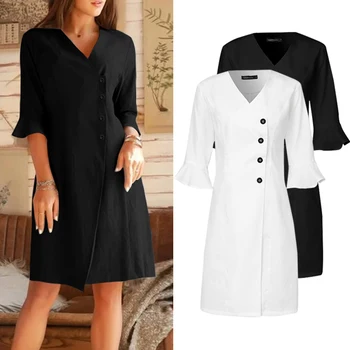 

Plus Size 2020 Celmia Women Summer Sexy V neck Office Lady Sundress Casual Flare Sleeve Buttons Knee-length Split Vestidos Robe