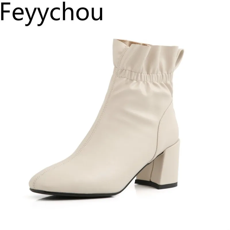 

Women's Boots Autumn Winter High Heel Square Toe Slip on Ankle BasicThick Heel 2019 Sexy New Fashion Black Beige Big Size 34-43