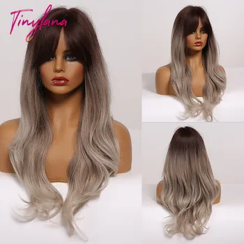 

TINY LANA Long Ombre Brown Ash Grey Synthetic Wigs Natural Wave Wigs for Women Heat Resistant Daily Cosplay Wigs Wavy Hair Wig