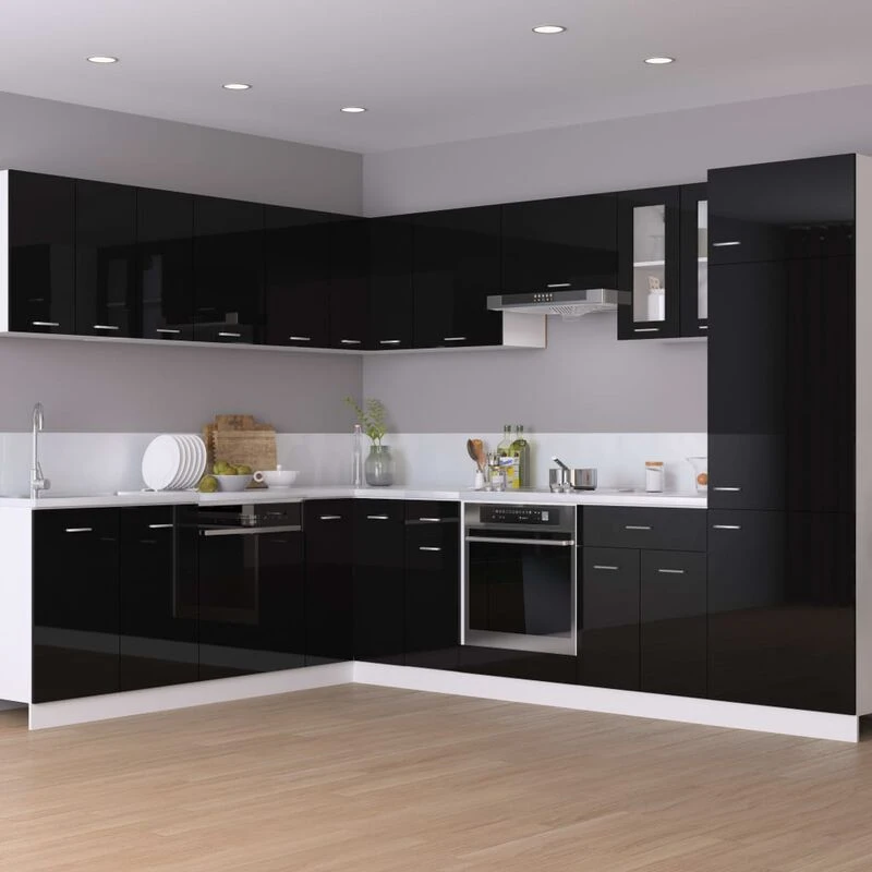 Mueble de Cocina negro brillante, mueble de cocina, armario inferior, fregadero inferior, armario colgante, esquina, armario inferior|Armarios de cocina| -