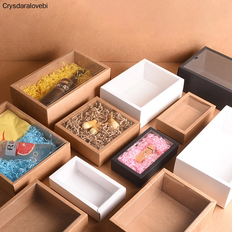 

10pcs Folding Kraft Paper Box with Transparent PVC Window Gift Box Packaging Box Candy Favors Arts&krafts Display Package Box