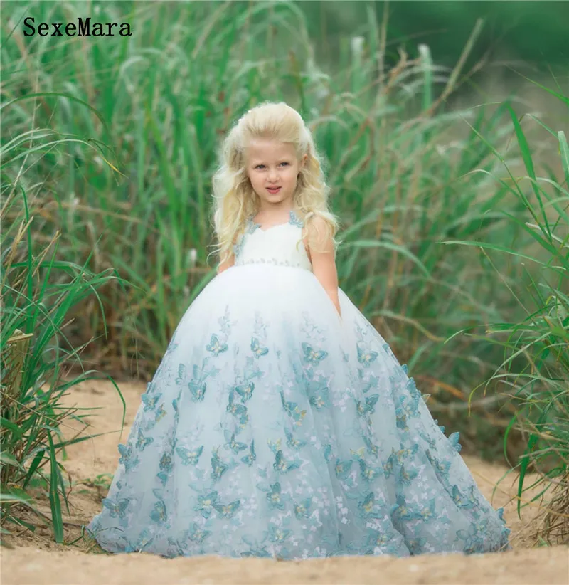 

New Princess Little Girls Pageant Dresses Lace 3D Floral Butterfly Ball Gown Flower Girl Dress For Wedding Kids Birthday Dress