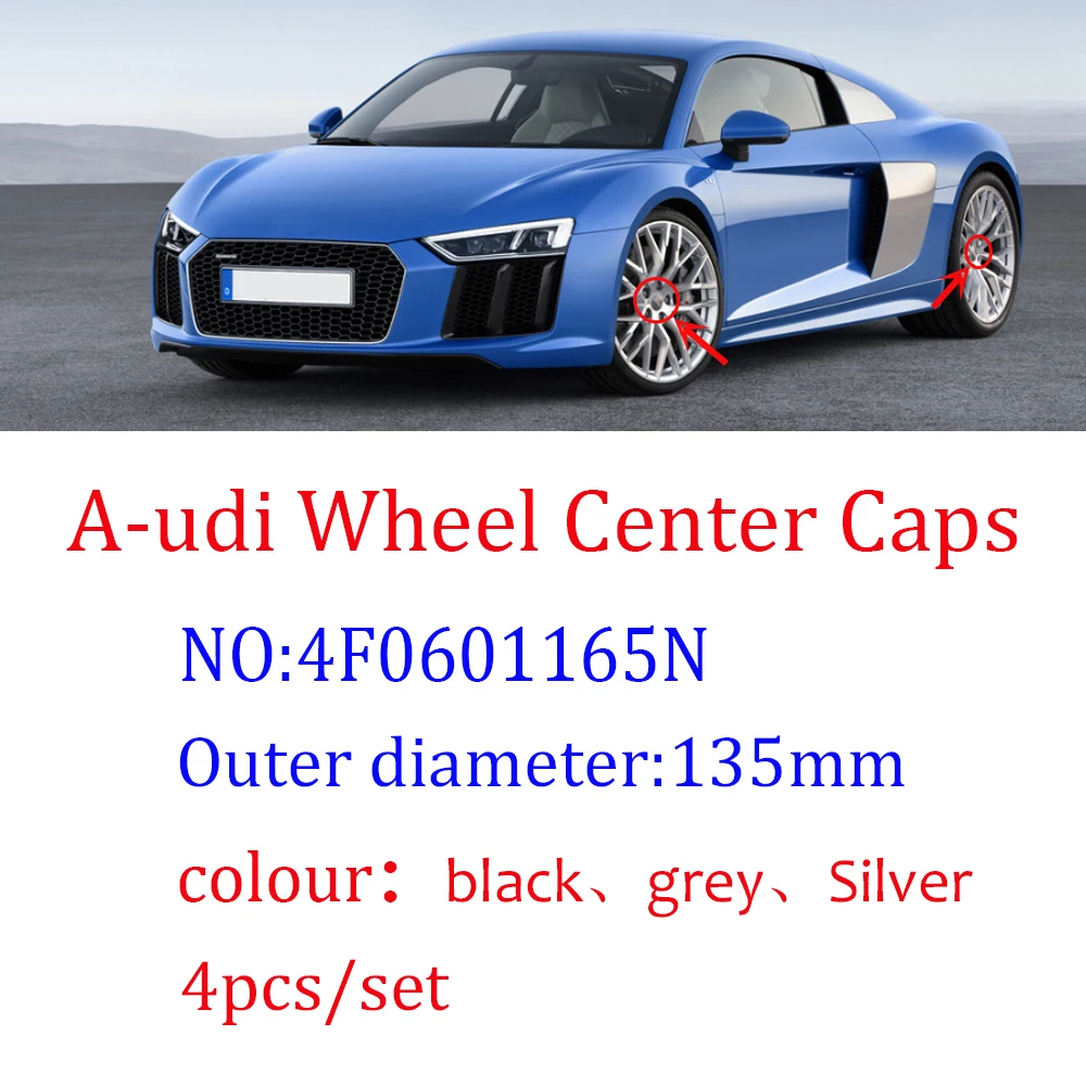 4 Uds Grey negro de plata personalizado para tapacubos centrales de coche cubiertas del cubo 135mm 4F0601165N para Audi A3 A4 A5 A6 A7 A8 Q5 R8 S4 S5 S6 TT