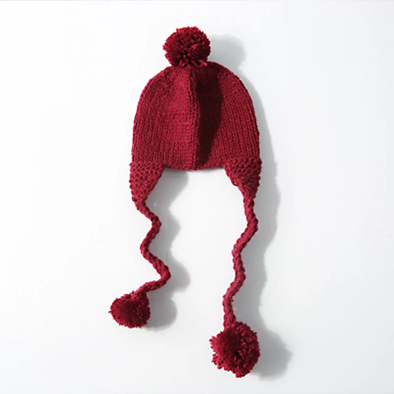 Baby Hairball Braid Hat Cap Toddler Boys Girls Solid Crochet Cap Cotton Blends Comfortable Warm Winter Cap Chinstrap Stay On