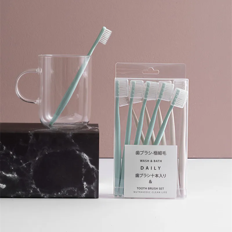

Wechat Business Hot Selling Japan Small Head Plain Color Adult Soft Toothbrush 10 Piece Set Family Set with Sheath OEM