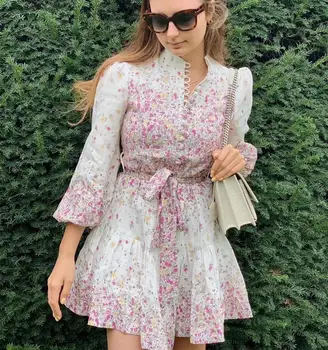 

LILYPAUL Floral Printed Cerise Belted Short Dress Spring Linen Dress