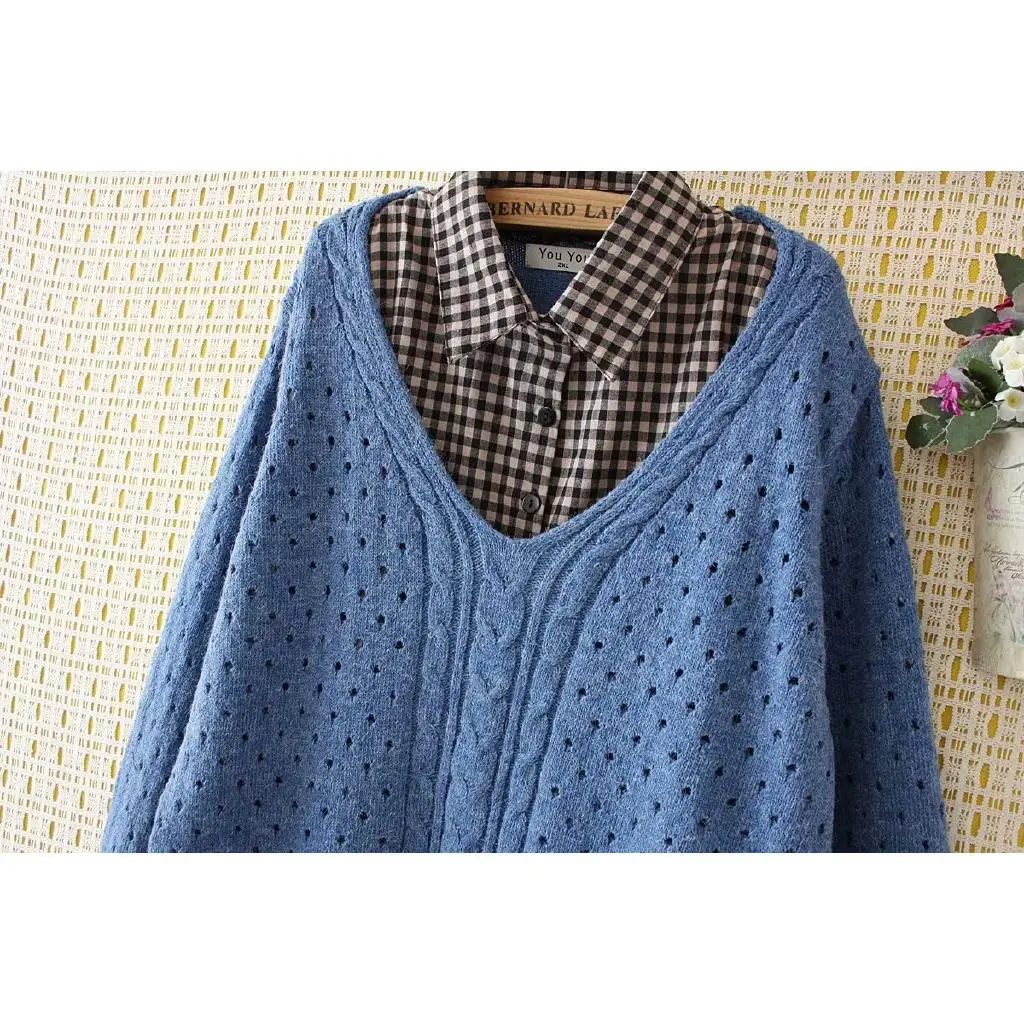 Женские свитера размера плюс 2XL-4XL, имитация двух частей, Зимний пуловер с длинными рукавами, верхняя одежда