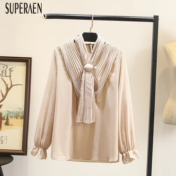 

SuperAen 2020 Spring New Korean Style Women Shirts Pluz Size Solid Color Bow Ladies Blouses and Tops Long Sleeve Women Clothing