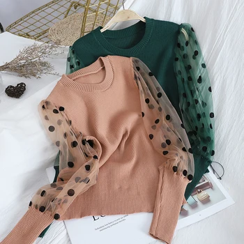 

mesh patchwork women blouse polka dot long-sleeved fashion sweet female pulls outwear tops top quality