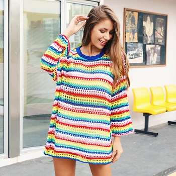 

Women Autumn New Fashion Casual Loose Knitted Rainbow Sweater Hollow O-Neck Long Sleeve Jumper Pullover Top