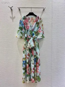

Runway Summer Dress 2020 Fashion Women Floral Print V-Neck Half Flare Sleeves Belt Empire Mid-Calf Loose Green Dress