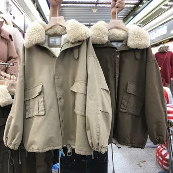 

New Autumn Winter Women Cotton-padded Coat Detachable Lamb Wool Fur Collar Liner Thick Outwear Long Sleeve Wadded Jackets