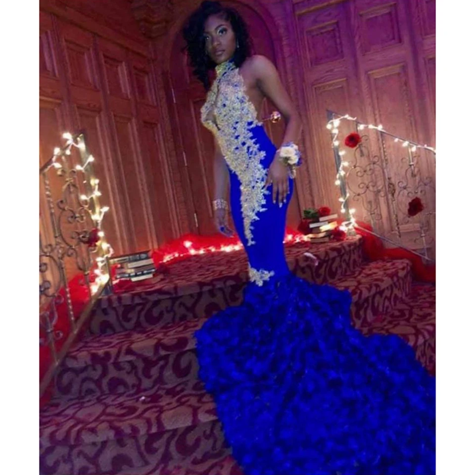 2020 Royal Blue Mermaid Prom Dresses with Gold Appliques High Neck Sweep Train 3d Floral Sweep Train Evening Party Gowns CP380 black prom dress