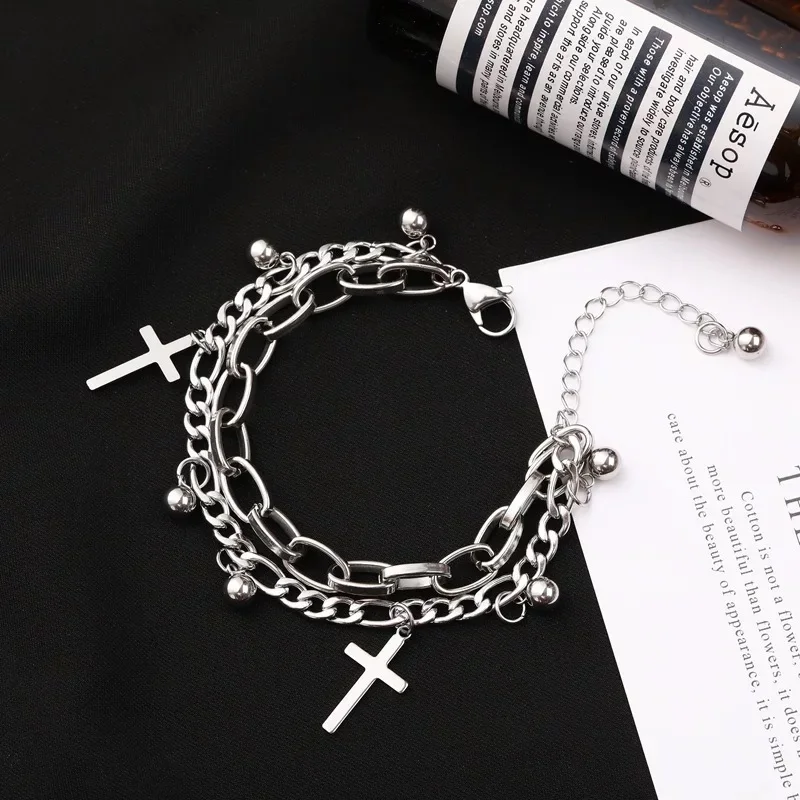 Gothic Hip Hop Metal Cross Pendant Charm Bracelet Women Female Beads 2 Layering Linked Chain Bracelets Cool Jewelry Gift chain bracelet,charm bracelet