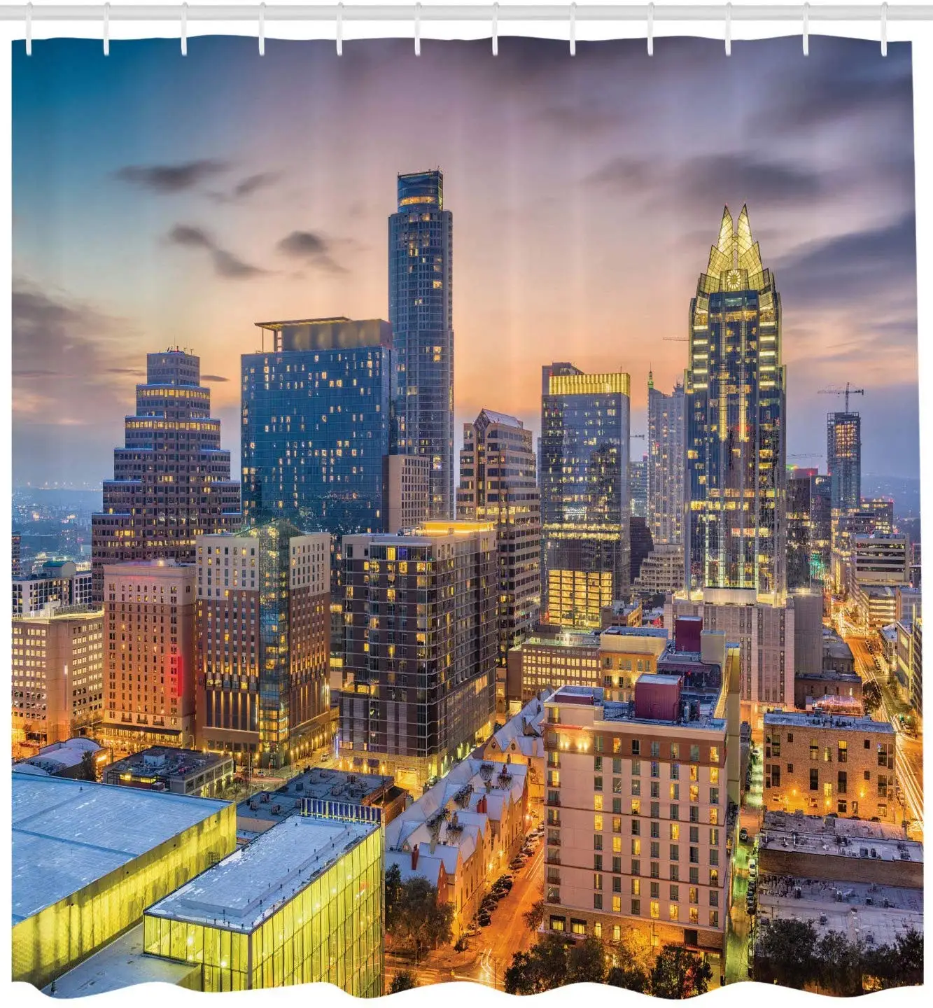 Austin Shower Curtain Illustration of Urban Outdoor Scene Cityscape at Dusk Downtown Architecture Cloth Fabric Bathroom Decor | Дом и сад