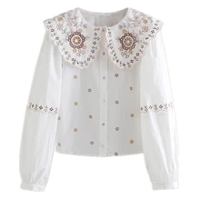 

Dave&Di Blusas Mujer De Moda 2021 Indie Folk Vintage Bohemian Flower Blouse Women Embroideried Cotton Peter Pan Collar Shirt