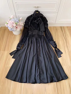 Черный Ziwwshaoyu High-End Custom Autumn Party Black Long Dresses Women's Sexy Lace Puff Sleeve Bow Collar Lace up Slim Dress - Цвет: Черный