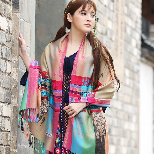 Богемский дизайнерский женский шарф с принтом китайский национальный стиль цветочный узор кисточка зимний теплый мягкий длинный дорожный шарф-одеяло - Цвет: camel