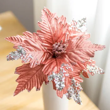 

25cm Sequin Flannel Handmade Christmas Flower Gold Silver Gray Powder White Imitation Christmas Flower Christmas Tree