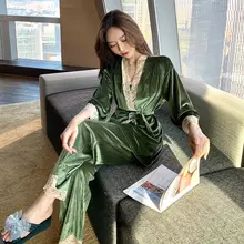 Gold Velvet Pajamas Women Autumn and Winter Long-sleeved Three-piece Suit Spring and Autumn Loose Lace Sexy Home Service