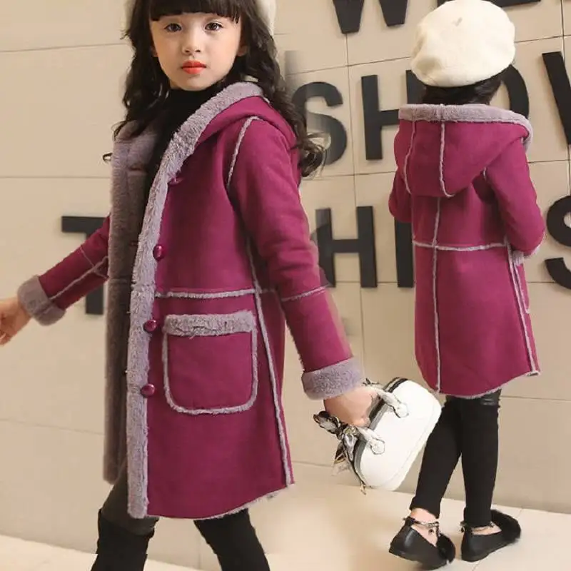 Новинка года, осенне-зимние детские теплые хлопковые куртки для девочек, меховое пальто с капюшоном плотная верхняя одежда с капюшоном для девочек парка для малышей возрастом от 10 до 12 лет - Цвет: Фиолетовый