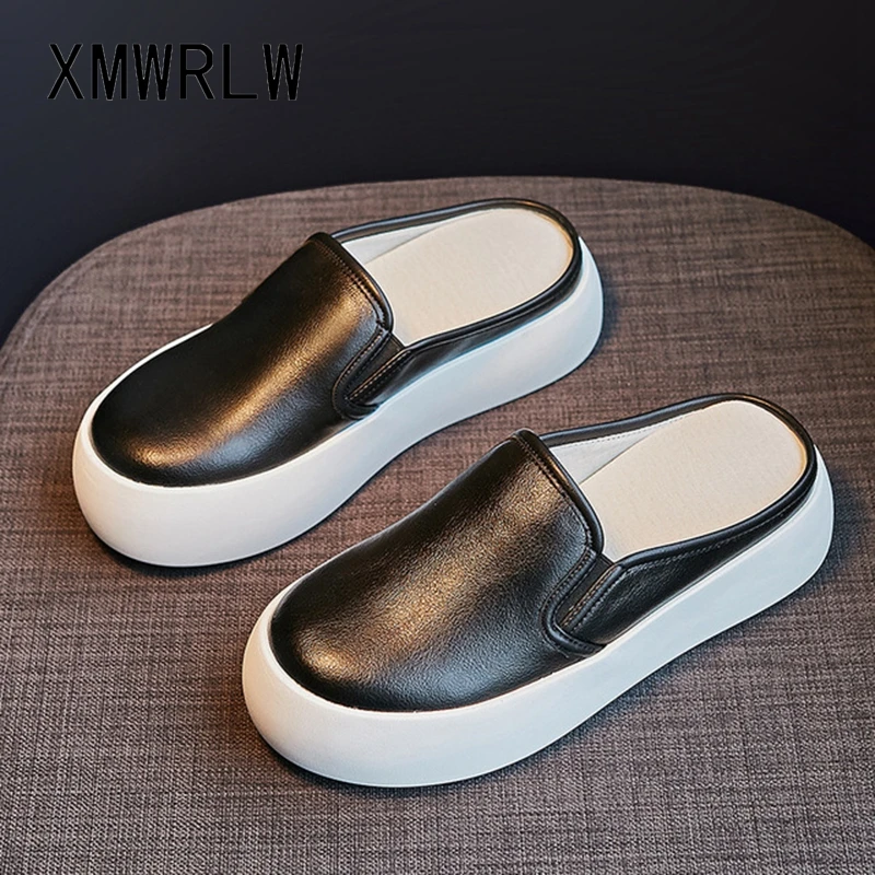 

XMWRLW Women's Half Shoes 2021 Summer Genuine Leather Thick Sole Women Slippers Ladies Summer Shoes Woman Slippers Non-Slip Shoe