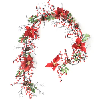 

1.8M Artificial Red Berry Garland with Pine Cone Green Leaves for Christmas Festival Fireplace Layout Garden Decoration Ivy