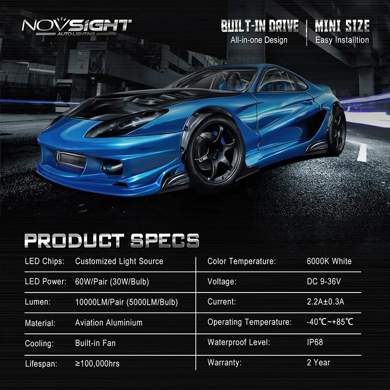 Novsight 60 Вт 10000LM 6000K светодиодный H11 H4 H7 H1 H3 9005 9006 автомобильный светильник HB2 Hi/короче спереди и длиннее сзади) HB3 HB4 светодиодный головной светильник помощи при парковке лампы Авто Lmaps