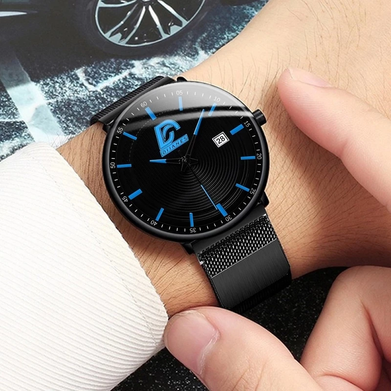 2023 Fashion Mens Minimalist Watches Ultra Thin Magnet Buckle Watch Men Business Stainless Steel Mesh Belt Quartz Wristwatch 6