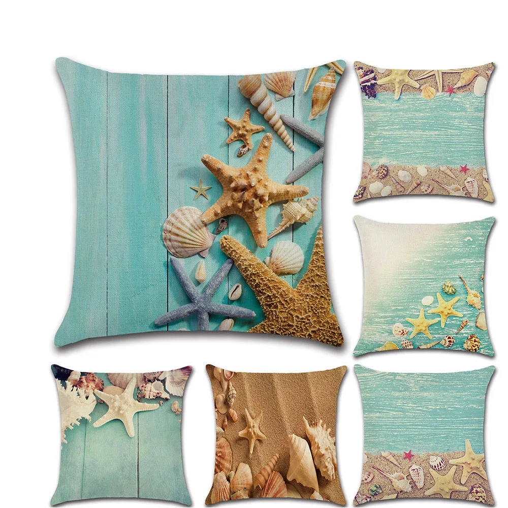 

New Hand Painted Beach Cushion Cover 45*45cm Shell Pillow Cover Home Decorative Linen Pillow Case