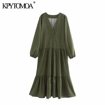 

Vintage Elegant Polka Dot Pleated Midi Dress Women 2020 Fashion V Neck Long Sleeve Female Dresses Vestidos Mujer