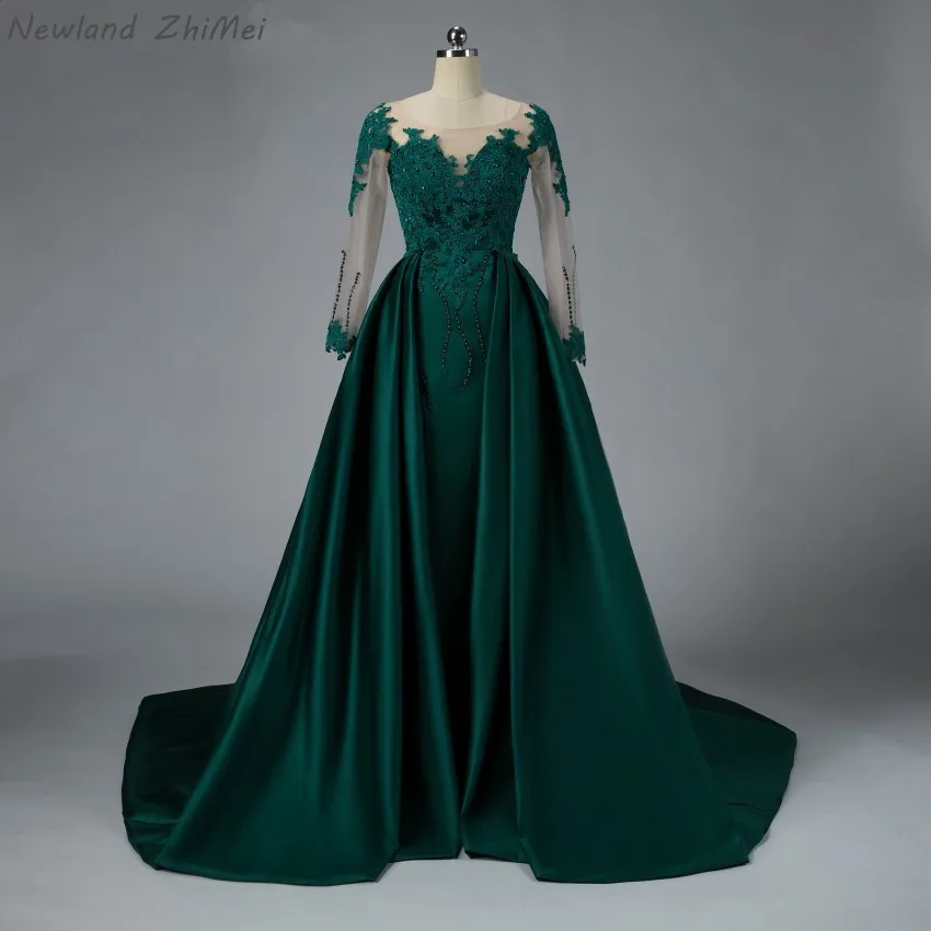 Emerald Green Newland ZhiMei арабский изумрудно-зеленый, на выпускной платье класса люкс с расширенным съемным подолом, платья из сатина с кружевами и бисером торжественное платье для мусульманские Вечерние тема - Цвет: Emerald Green