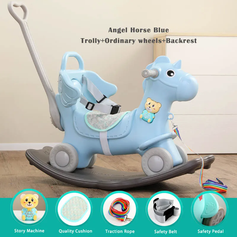 Детские блестящие игрушки для детей, 2 в 1, лошадка-качалка, От 1 до 6 лет, в помещении, для езды, большой размер, флэш-колеса, игрушечные тележки, детские игры - Цвет: Flying Horse Blue2
