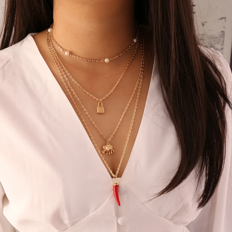 pearls red peppers elephant lock necklaces with retro multi-layer creative alloy for women lady | Украшения и аксессуары