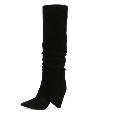

2021 Women Faux Leather Over The Knee High Boots Wedge Pointed Toe CowGirl Long Hoof Heels Boots Ladies Winter Heeled Shoes