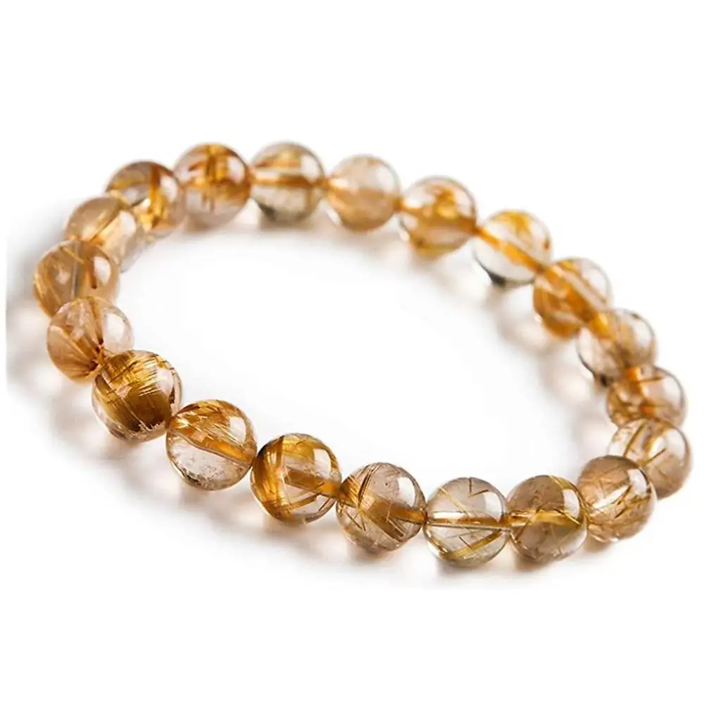 

10mm 100% Natural Gold Rutilated Bracelet For Women Men Brazil Crystal Quartz Stretch Round Beads Fashion Bracelet Jewelry AAAAA