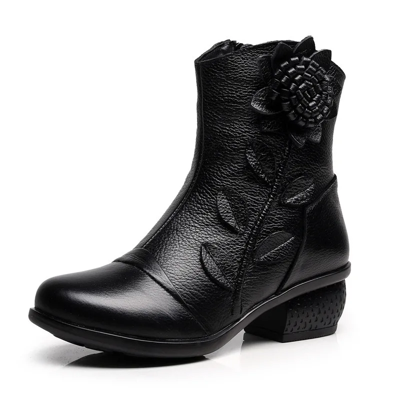 

Vintage Female Boots Thick Heels Flowers Genuine Leather Women Boots Winter Shoes Woman Ankle Martin Boots XKD8071