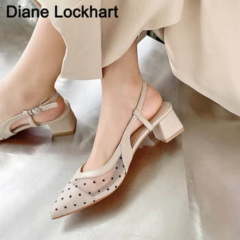 

Slingbacks Women sandals female summer new Mesh wave point Shoes Sexy temperament pointed Medium High-heeled lady Pumps